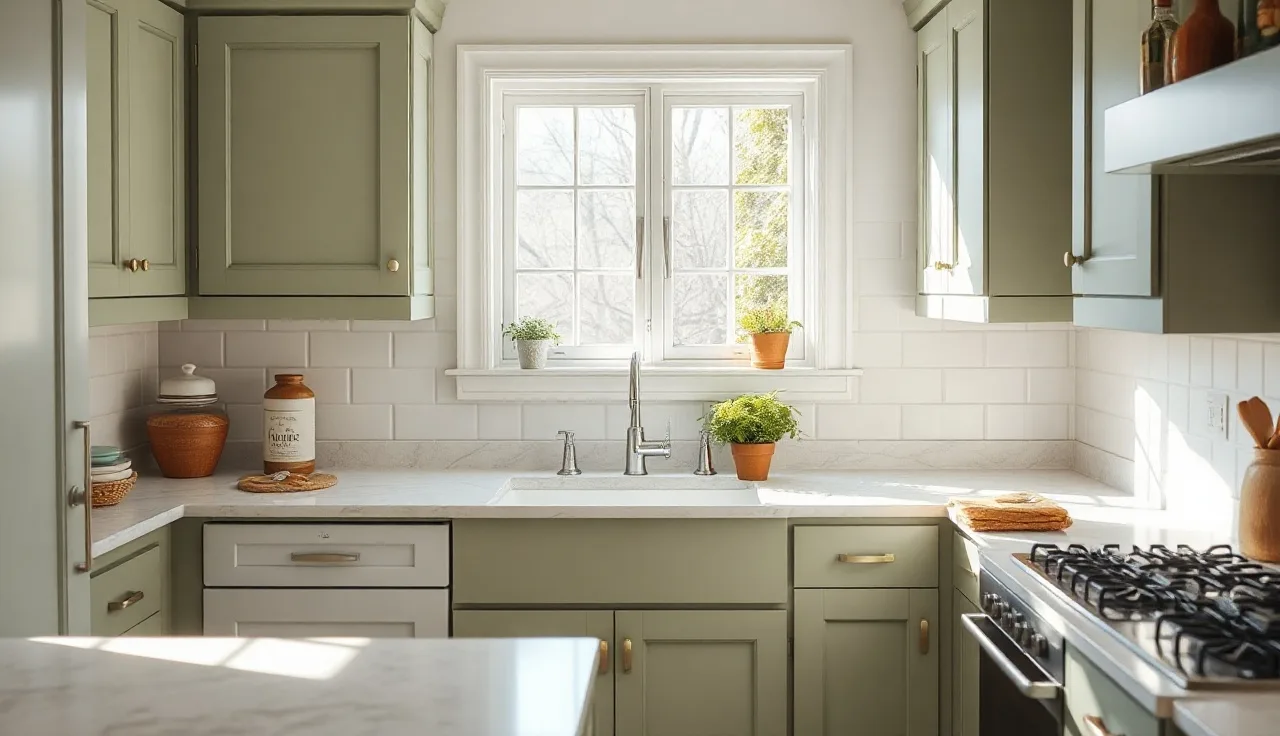 Sage green kitchen cabinets with white quartz countertops in morning light
