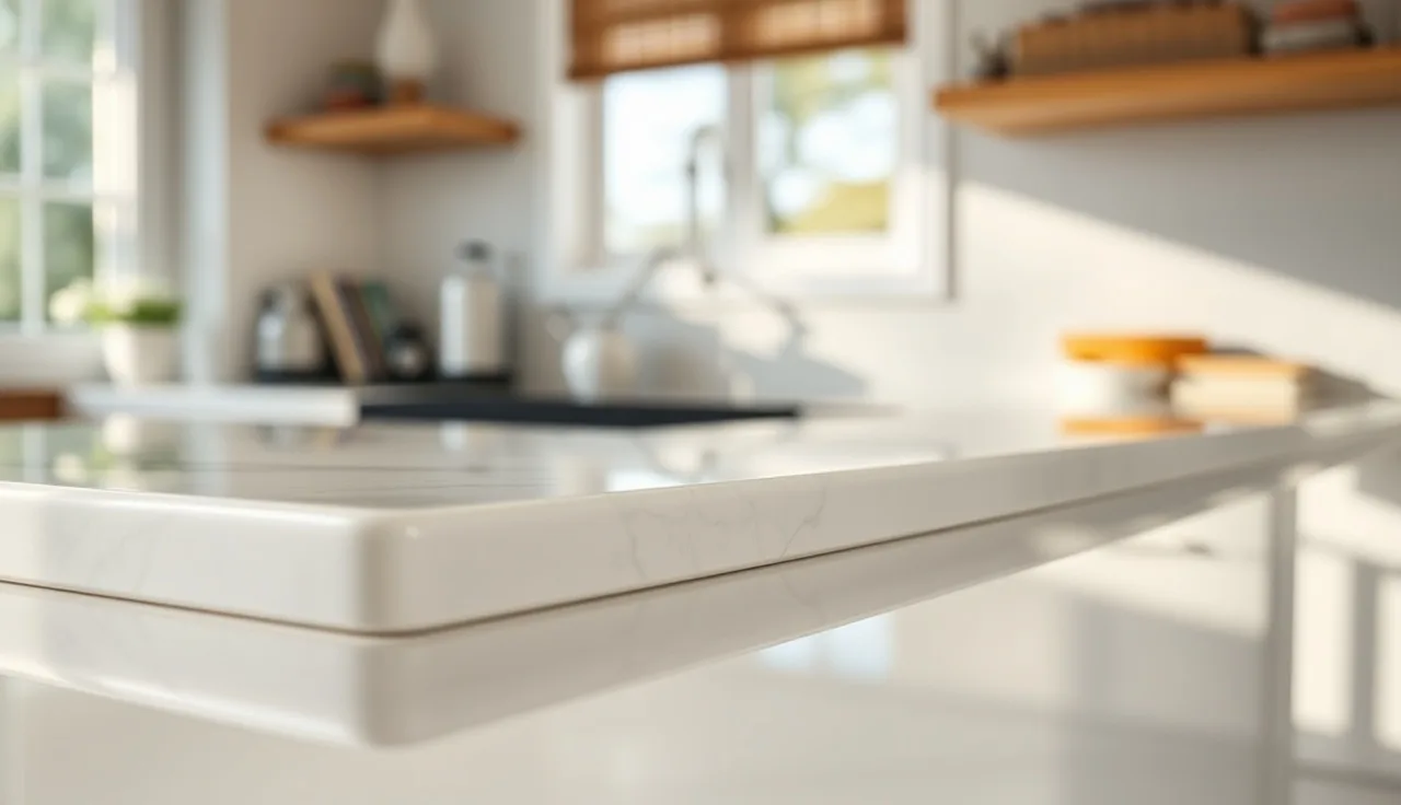 White marble countertop with demi bullnose edge profile in a kitchen