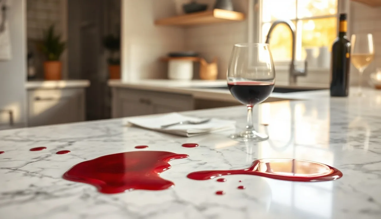 Red wine spilling on a white marble kitchen countertop near a glass
