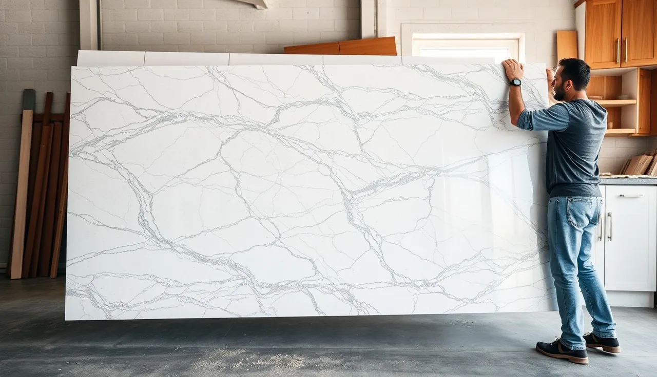 Fabricator positioning a quartz slab onto kitchen cabinets during countertop installation