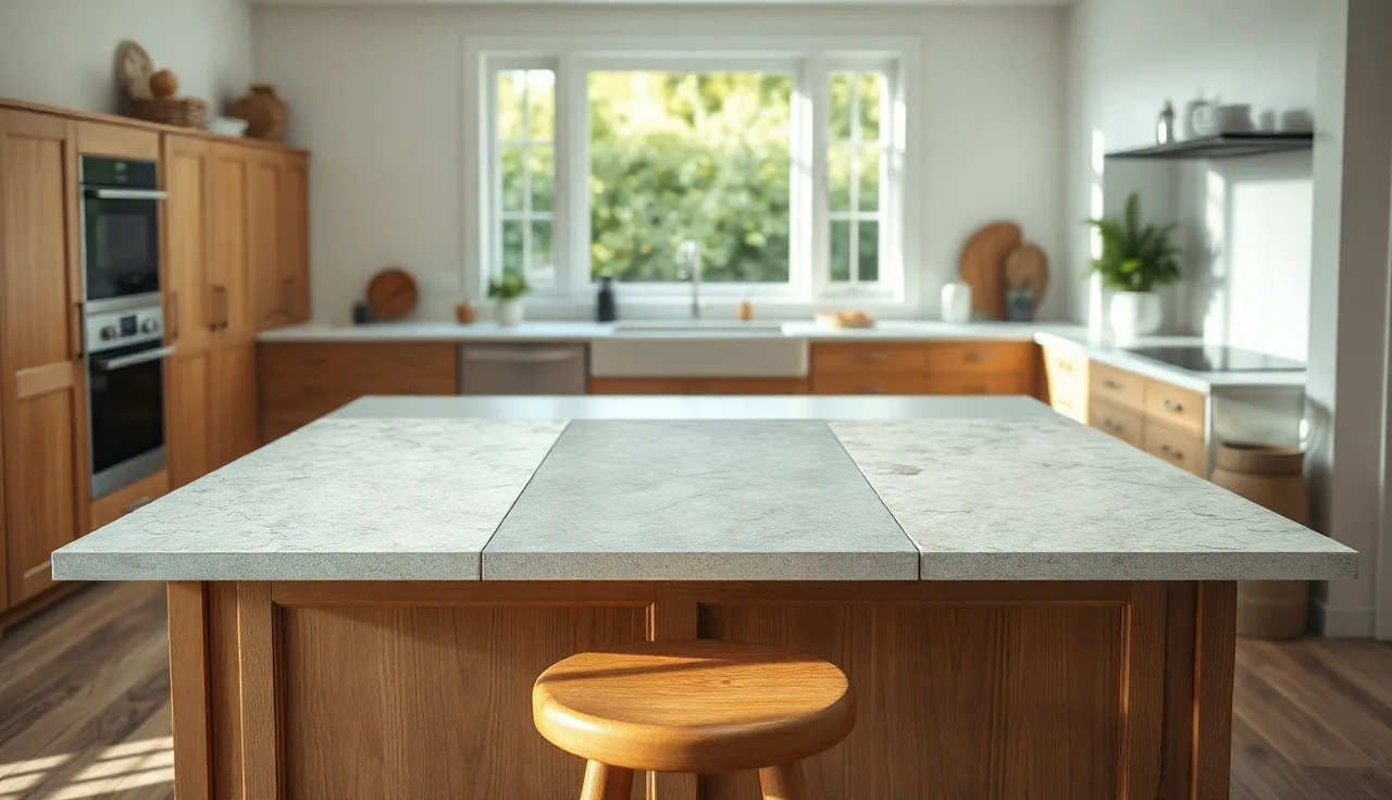 Kitchen island with three different countertop material samples in morning light
