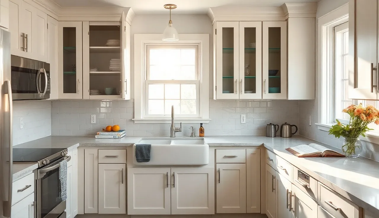 Freshly installed quartz countertops in a bright kitchen during renovation