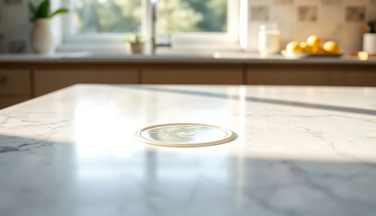 Water beading on a sealed white marble kitchen countertop in morning light