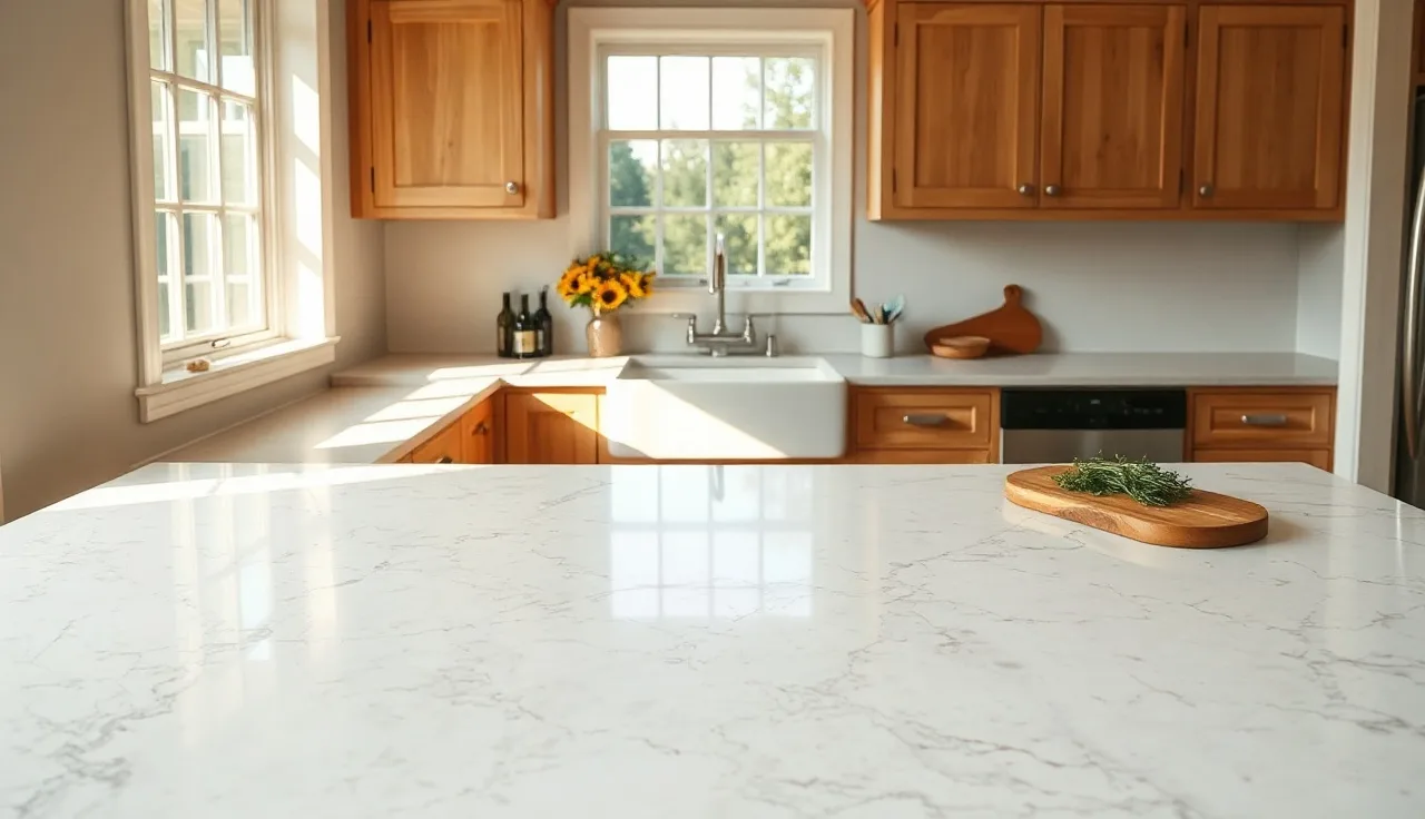 Pale quartzite kitchen countertop with farmhouse sink in morning light