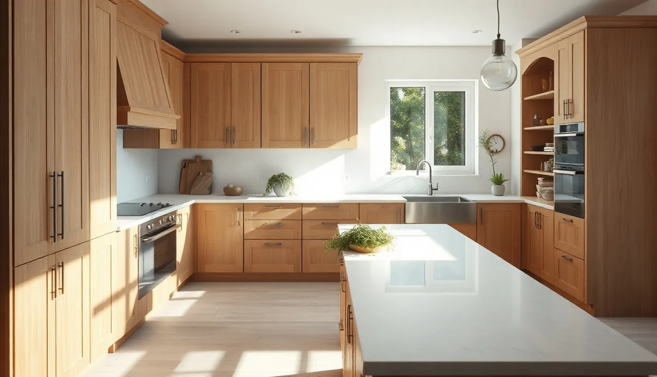 Large white quartz kitchen island countertop in a bright morning kitchen