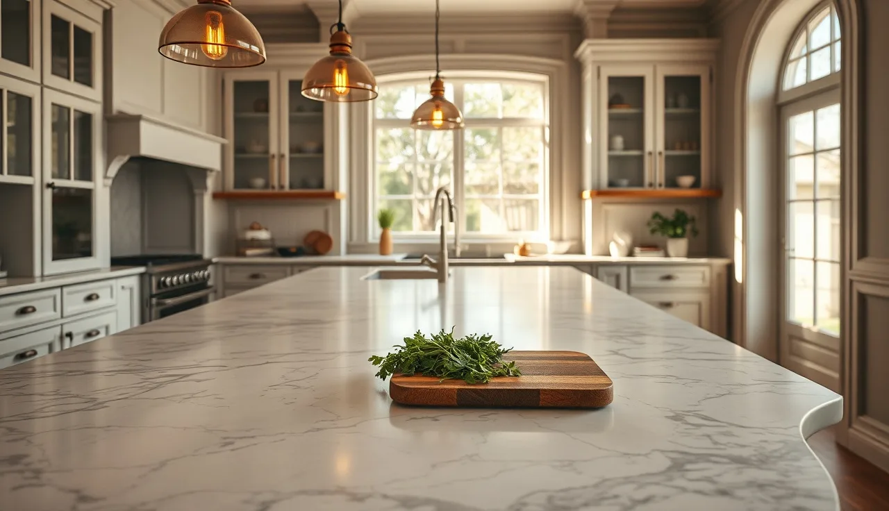 Large kitchen island with marble countertop under warm pendant lights