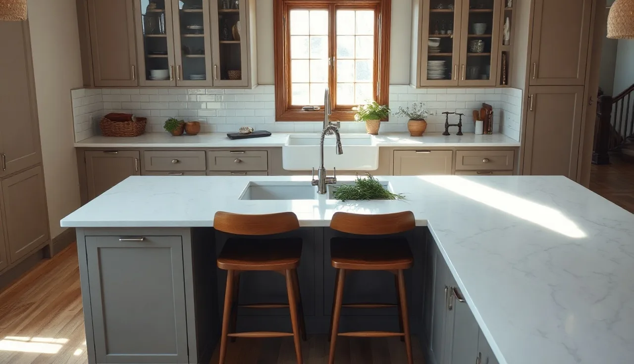 Large white quartz kitchen island countertop with bar stools in morning light