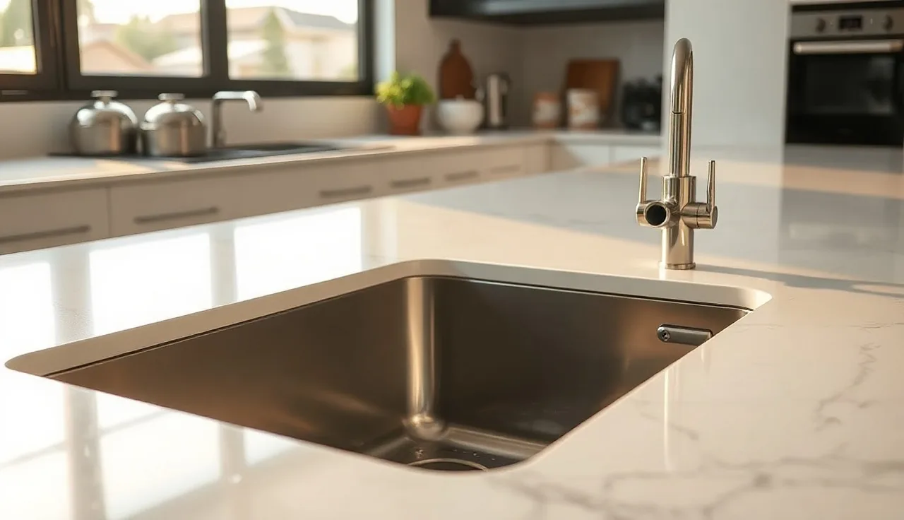 Undermount kitchen sink in a white quartz countertop with afternoon light