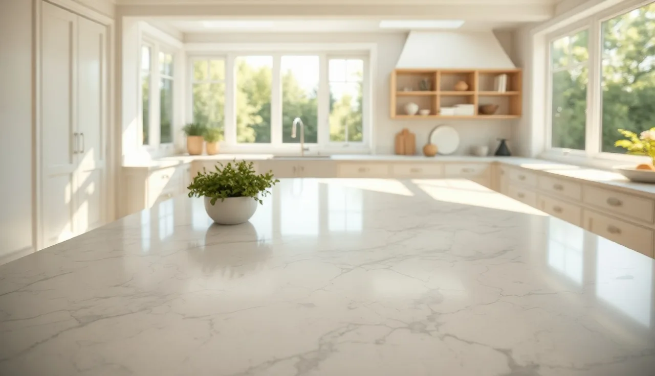 Sunlit kitchen interior featuring a large pale gray quartzite stone countertop island