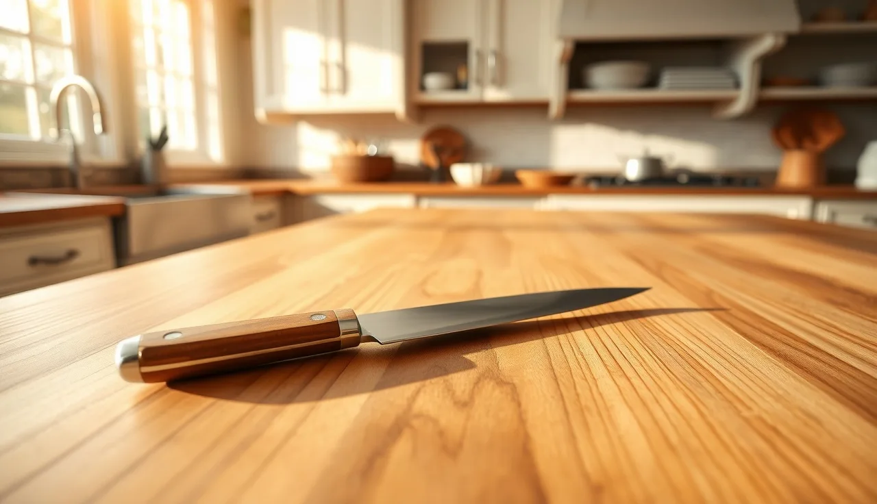 Close-up of an oiled end-grain maple kitchen countertop with a chef's knife resting on it