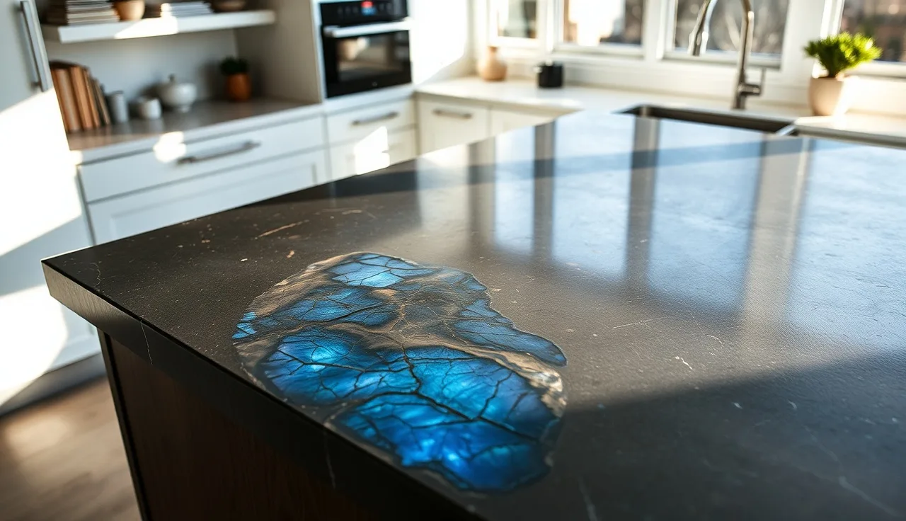 Polished labradorite countertop island showing vivid blue and gold labradorescence in natural light