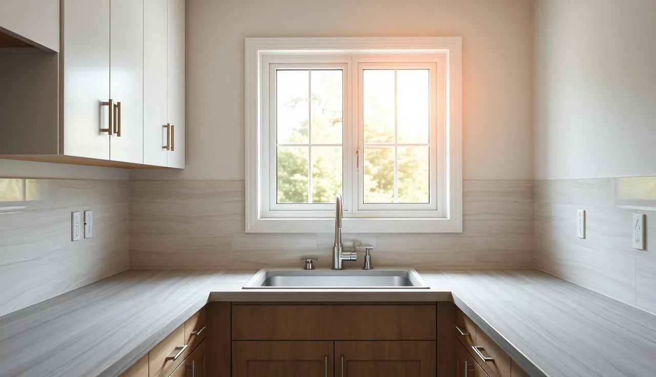 New laminate countertop installed in a bright kitchen with warm afternoon light