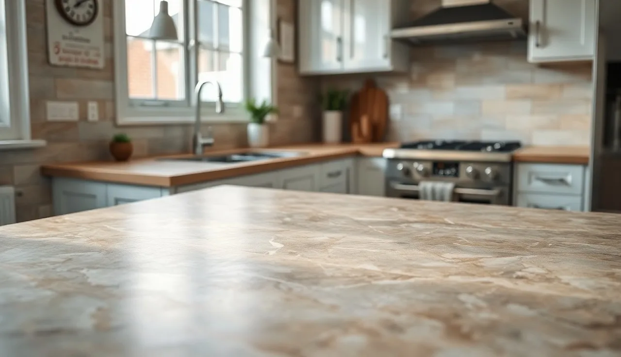 Close view of a laminate kitchen countertop surface in warm morning light