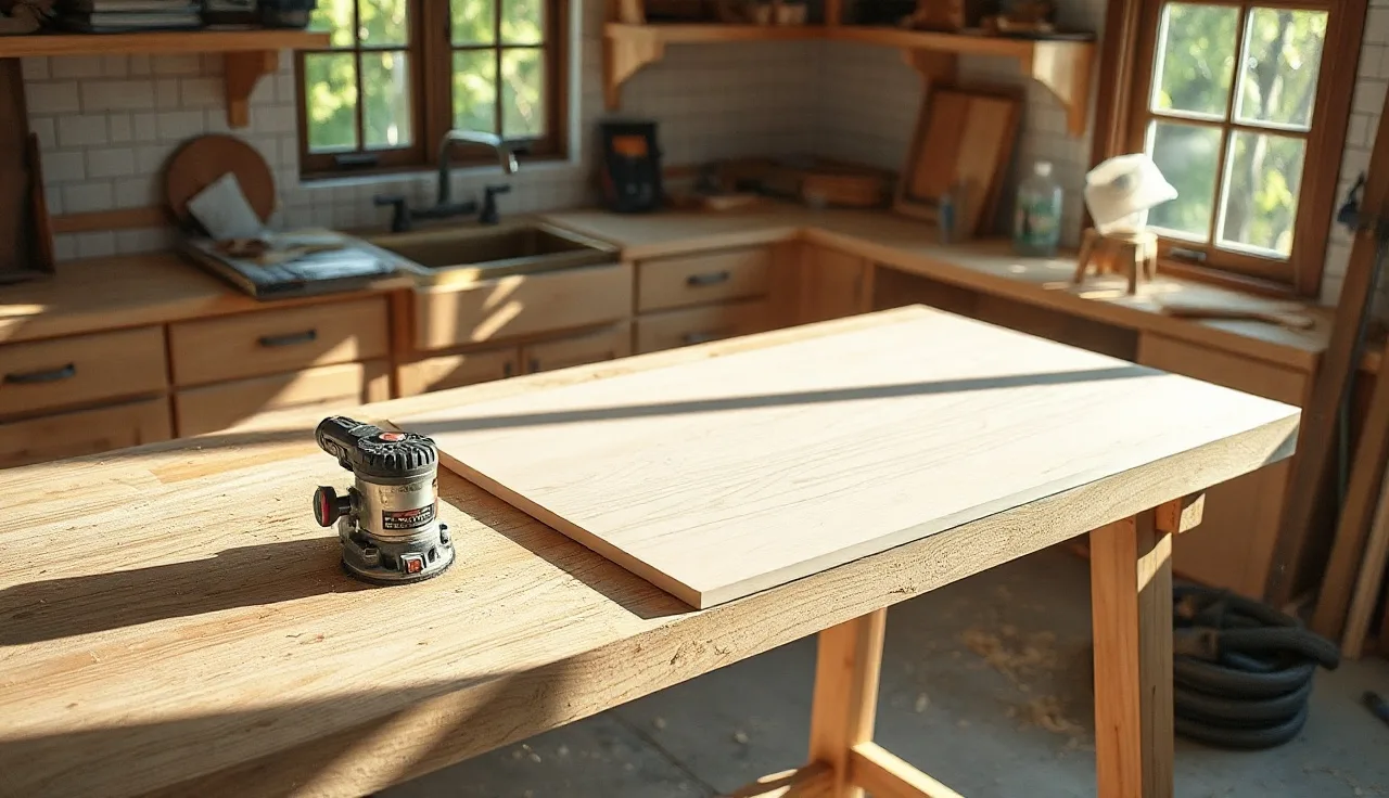 Laminate countertop section being trimmed with a router during kitchen installation