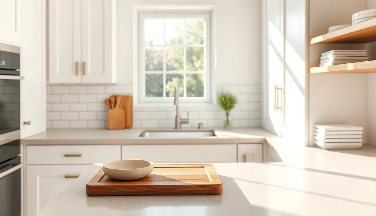 Matte greige laminate kitchen countertop with white cabinets in morning light