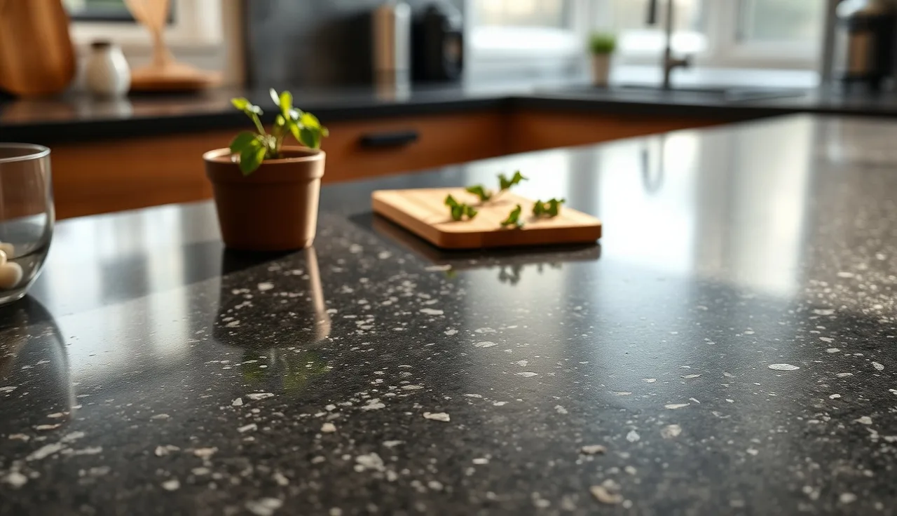 Close-up of leathered dark granite countertop showing matte textured surface with mineral crystals