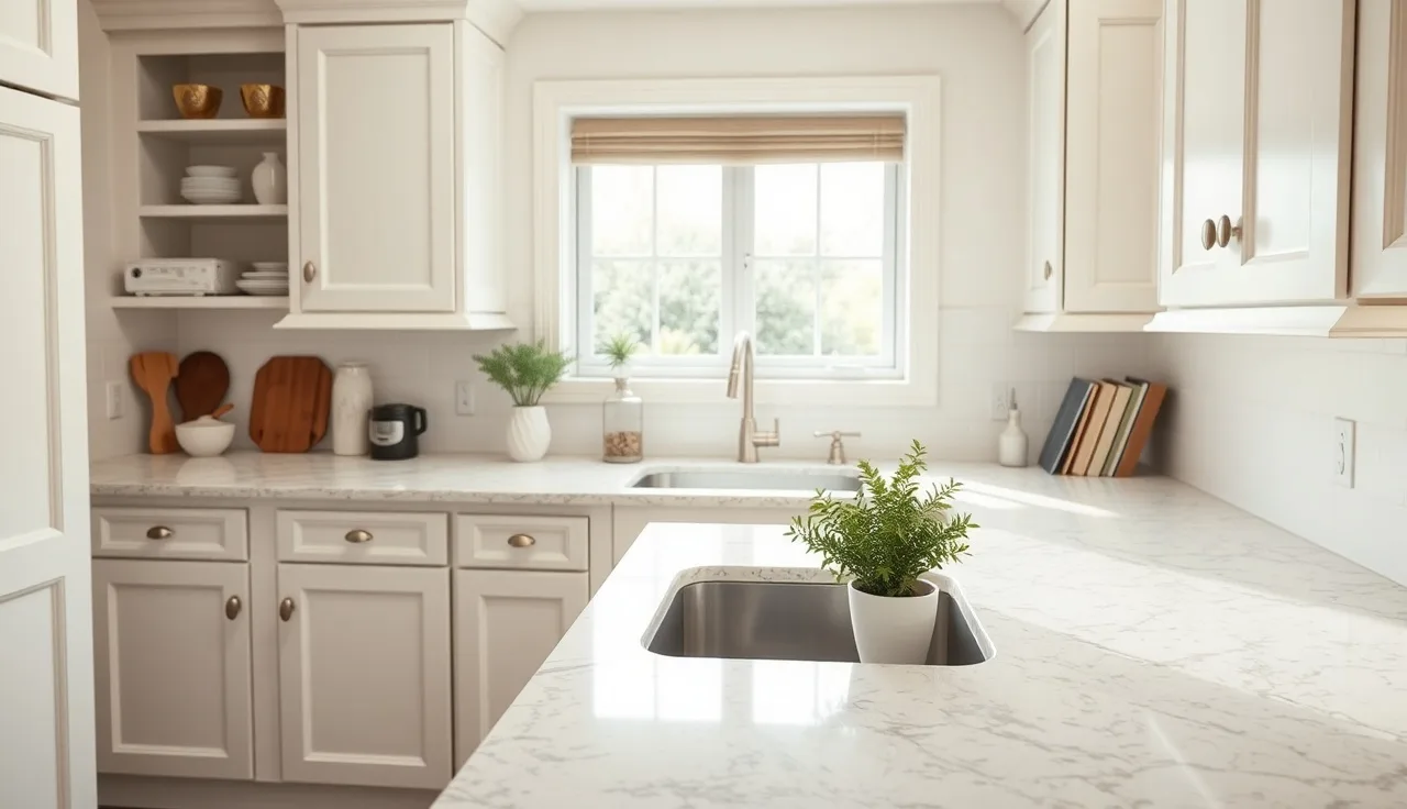 Pale cream granite countertop on white kitchen cabinets in natural daylight