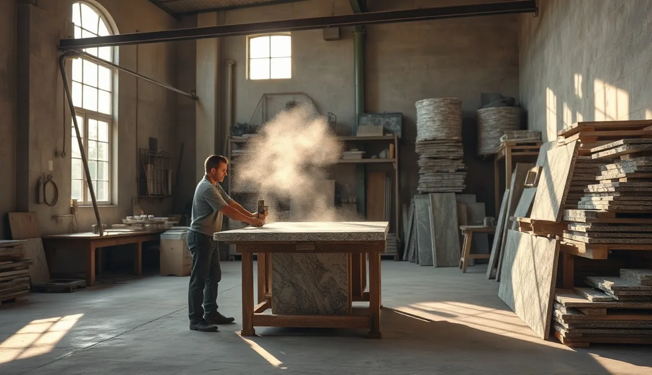 Stone fabricator guiding a granite slab through a bridge saw in a workshop