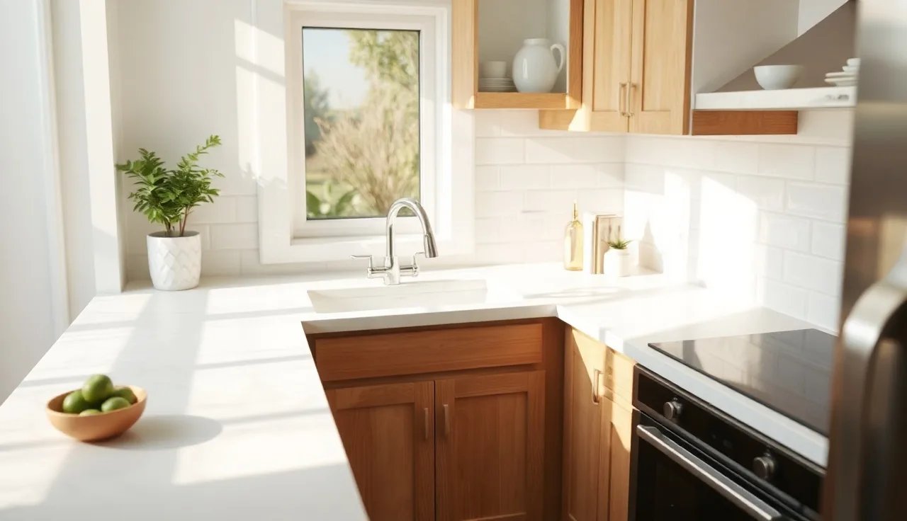 White quartz countertop in a small bright kitchen with natural morning light