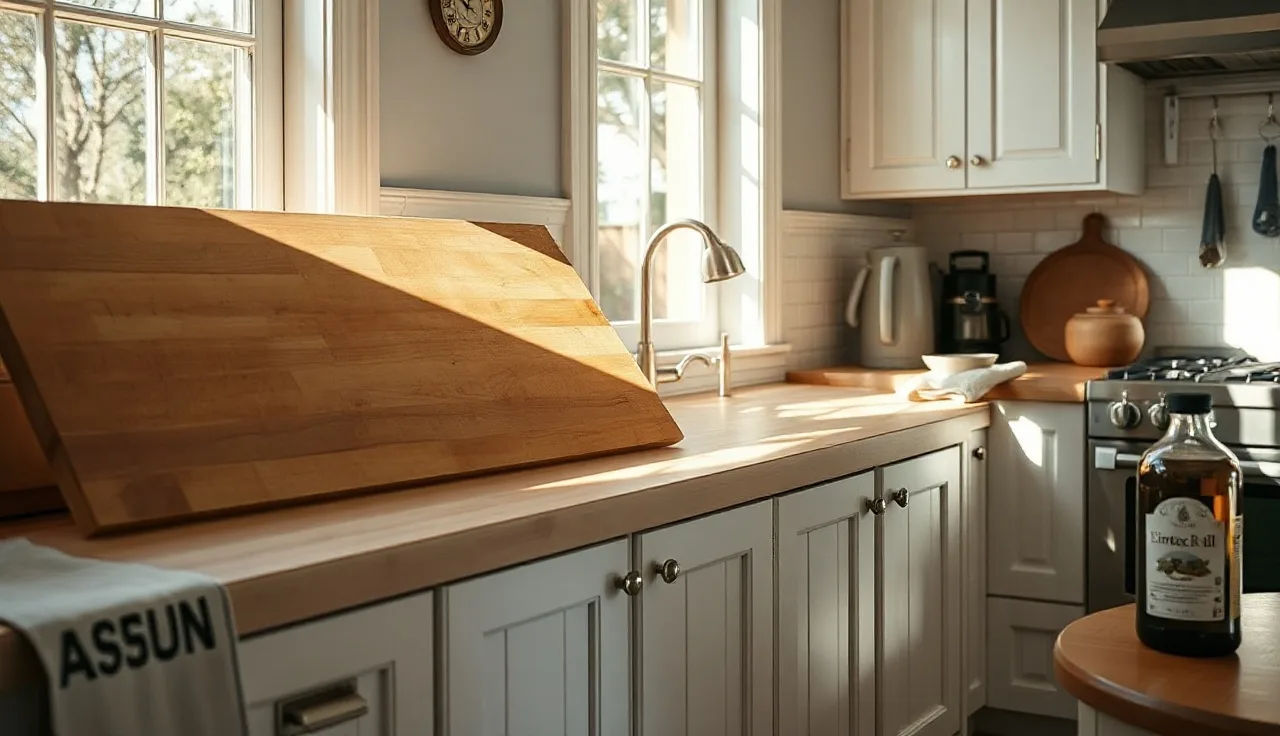 Hard maple butcher block countertop panel on white kitchen cabinets with mineral oil nearby
