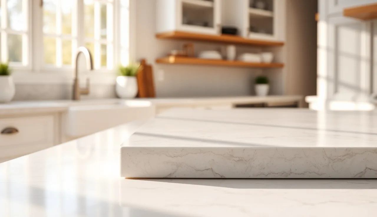 Four stone countertop edge profile samples displayed on a kitchen marble surface