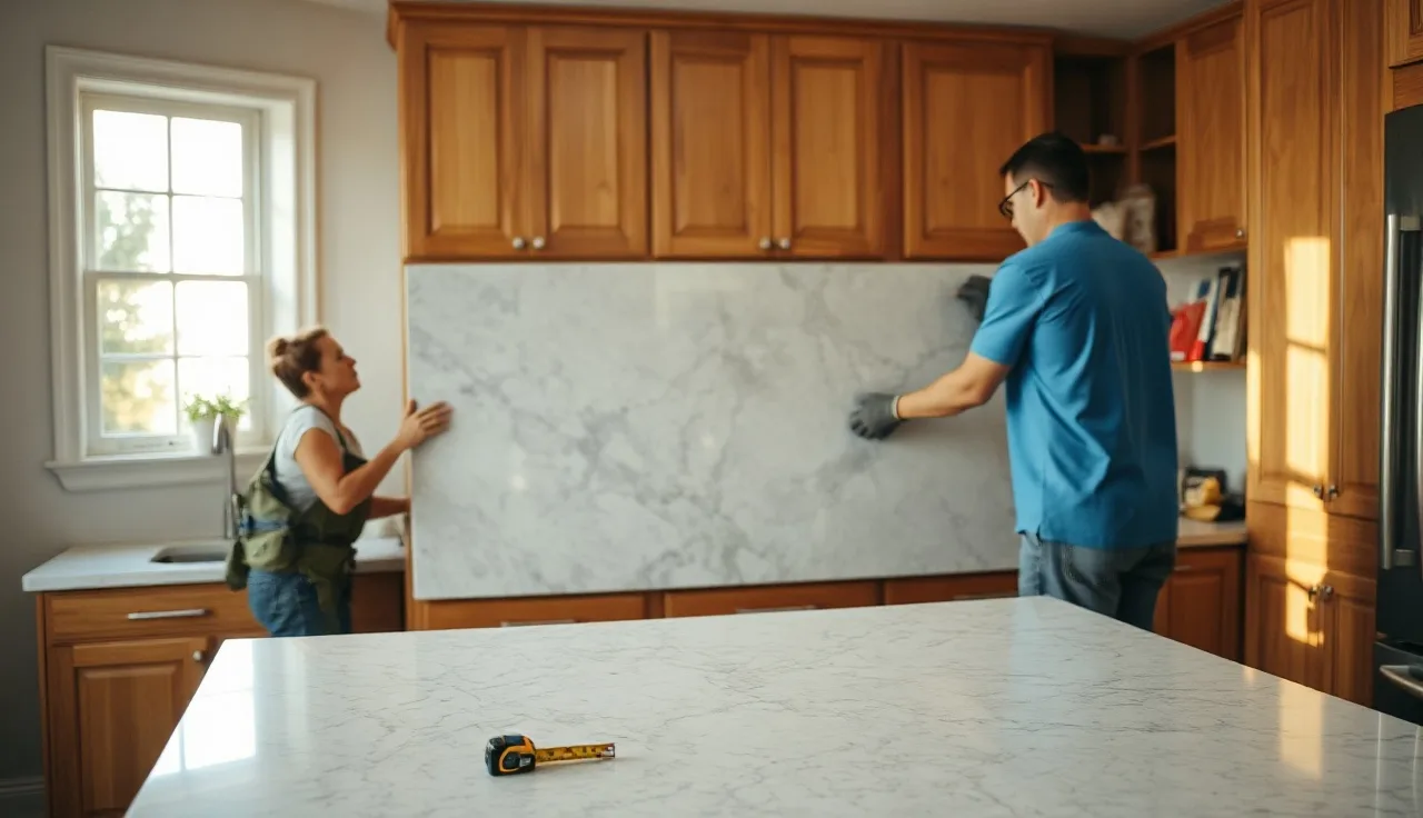 Two workers installing a gray quartz countertop slab in a residential kitchen