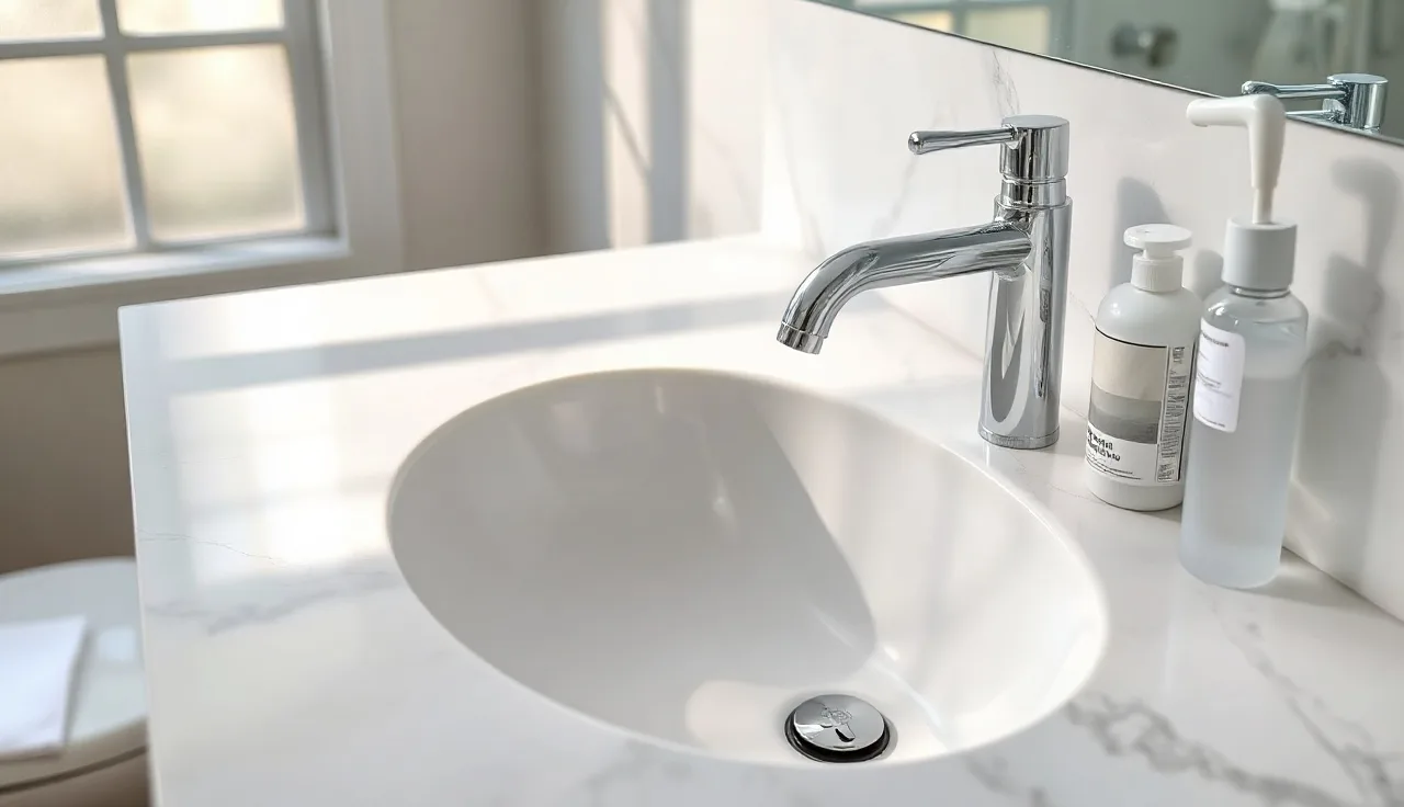 White Carrara marble bathroom vanity countertop with chrome faucet in morning light