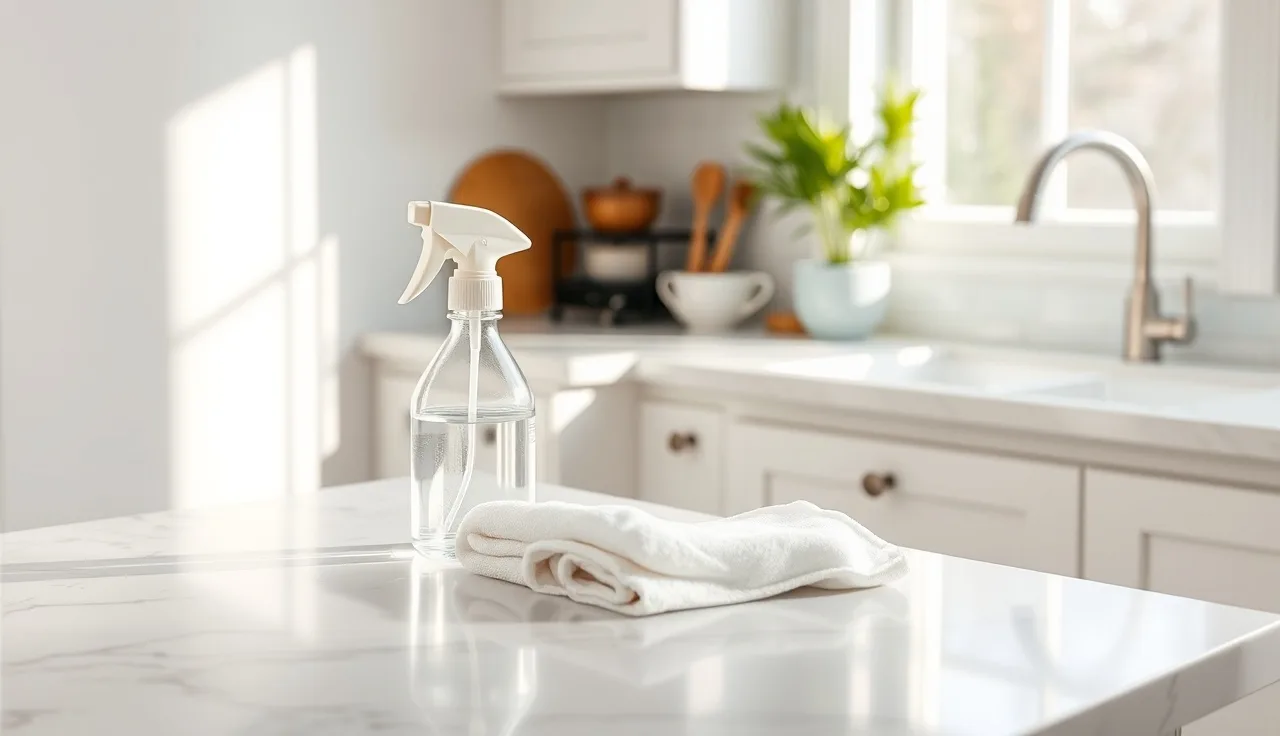 White marble countertop with stone cleaner spray bottle and microfiber cloth