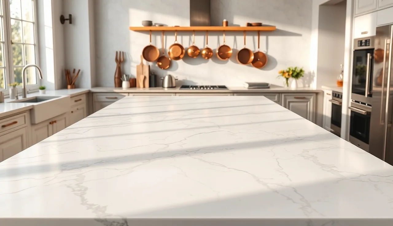 White marble kitchen countertop with bold gray veining in morning light