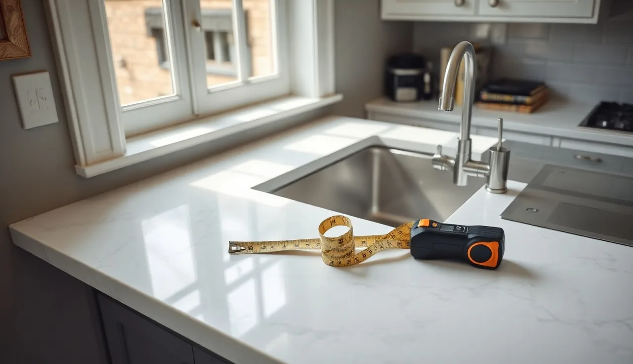 Freshly installed white Carrara marble kitchen countertop with grey veining in morning light