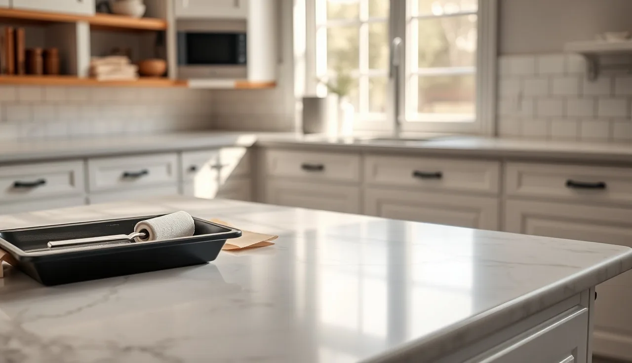 Close view of a marble countertop being painted white with a foam roller