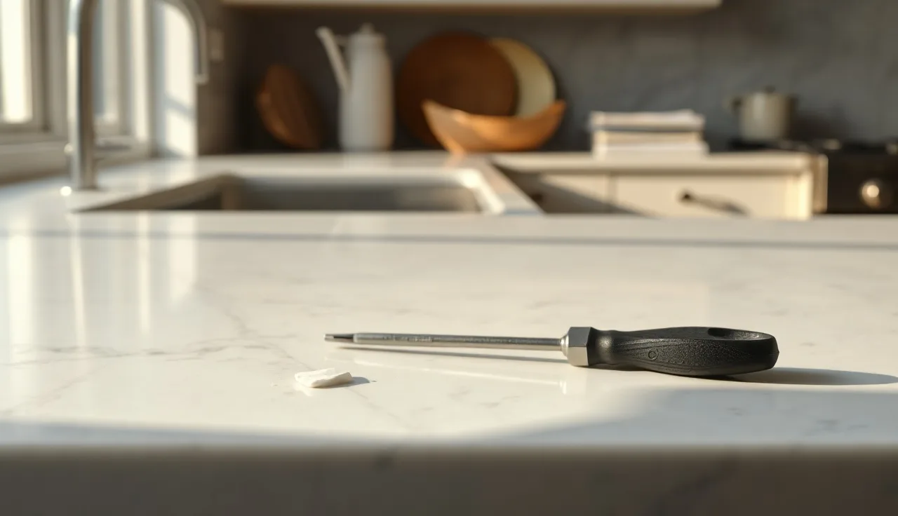 White marble countertop with a chip on its edge and stone repair tools nearby