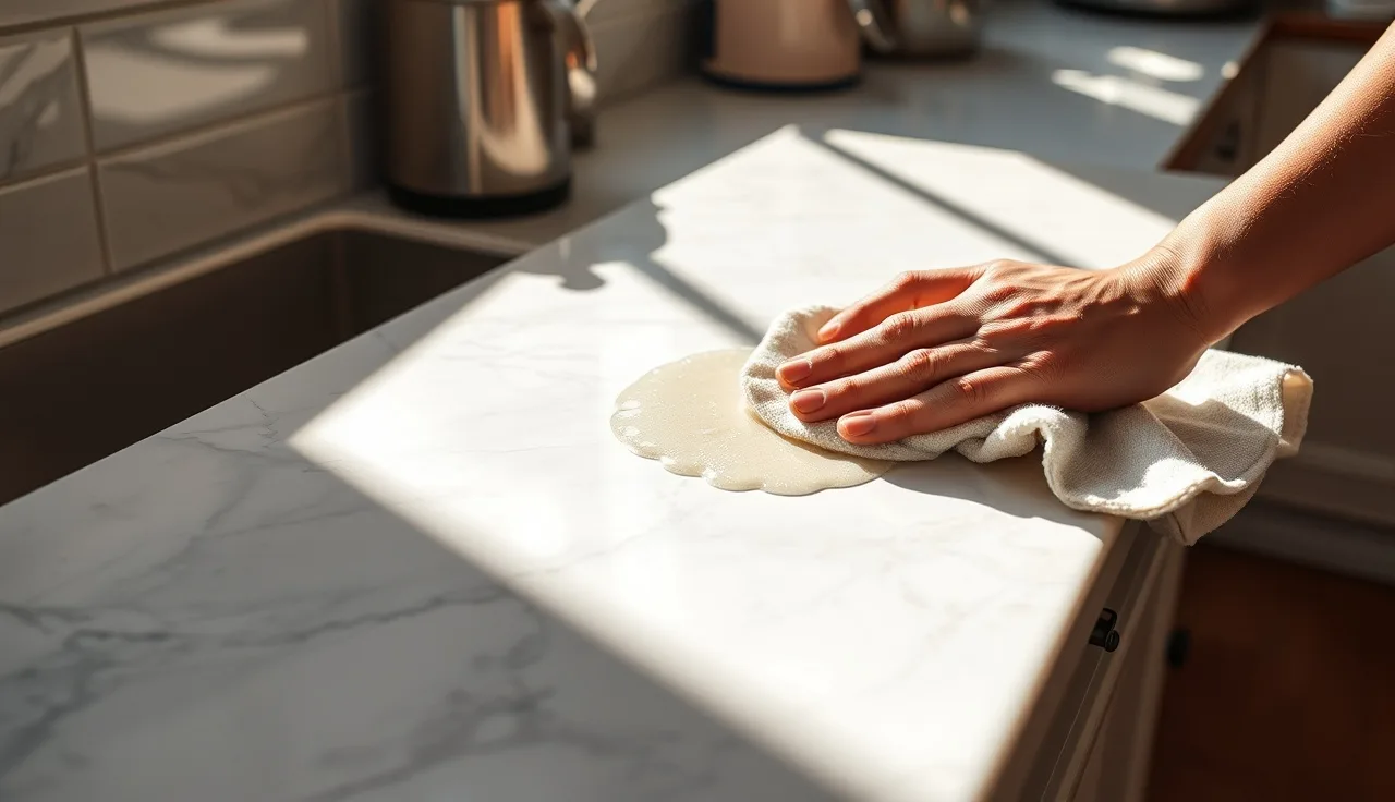 Hand polishing a white Carrara marble countertop to restore its etched finish