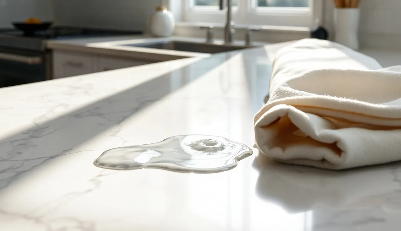 Water beading on a sealed white marble kitchen countertop in morning light