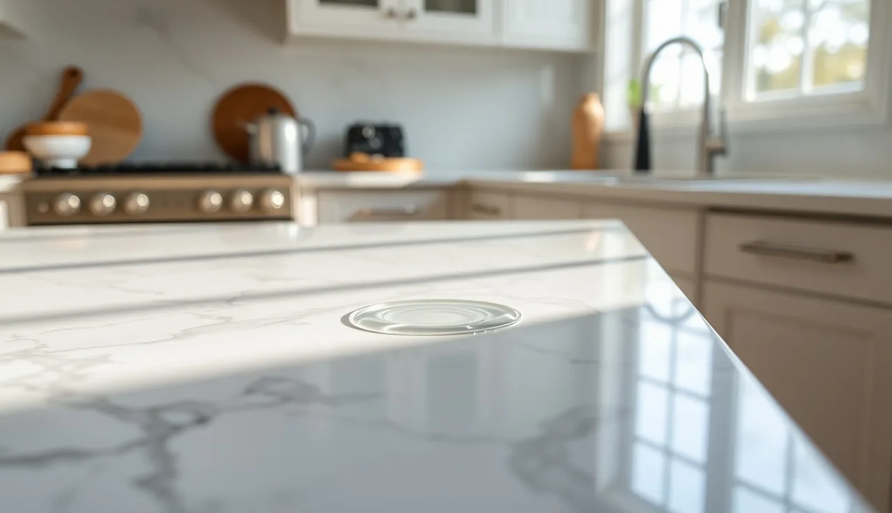 Water beading on a sealed polished white marble countertop surface in natural light