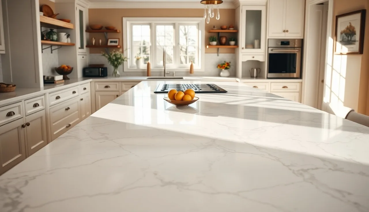 White marble kitchen island countertop with gray veining in morning light
