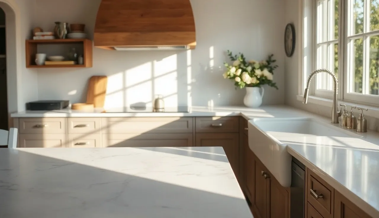 White Carrara marble kitchen countertop with natural gray veining in morning light