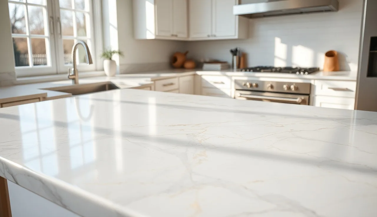 White kitchen countertop with marble-look epoxy finish in morning light
