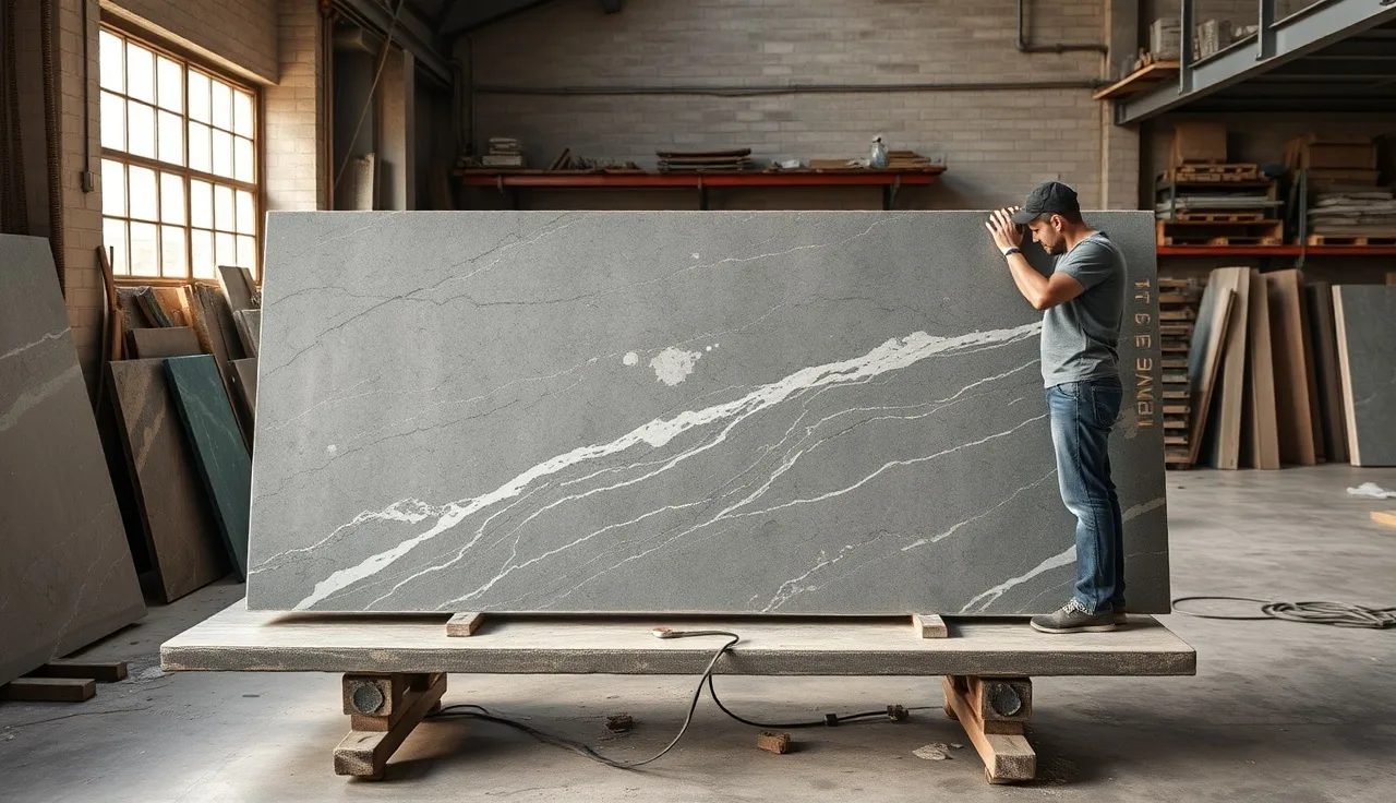 Craftsman measuring a polished granite slab in a countertop fabrication shop