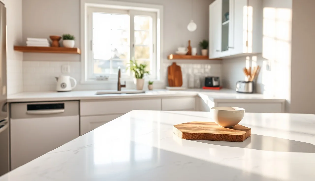 White marble laminate countertop in a bright modern kitchen with natural light