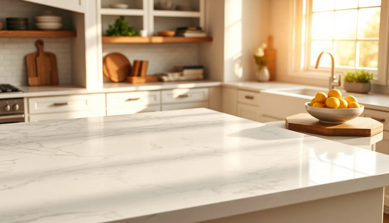 White kitchen island with dramatic gray-veined marble look quartz countertop in morning light