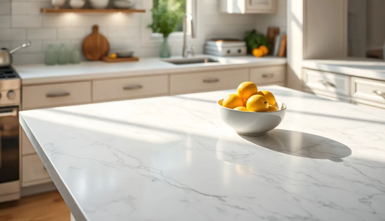 Polished white Carrara marble countertop with gray veining in a bright kitchen