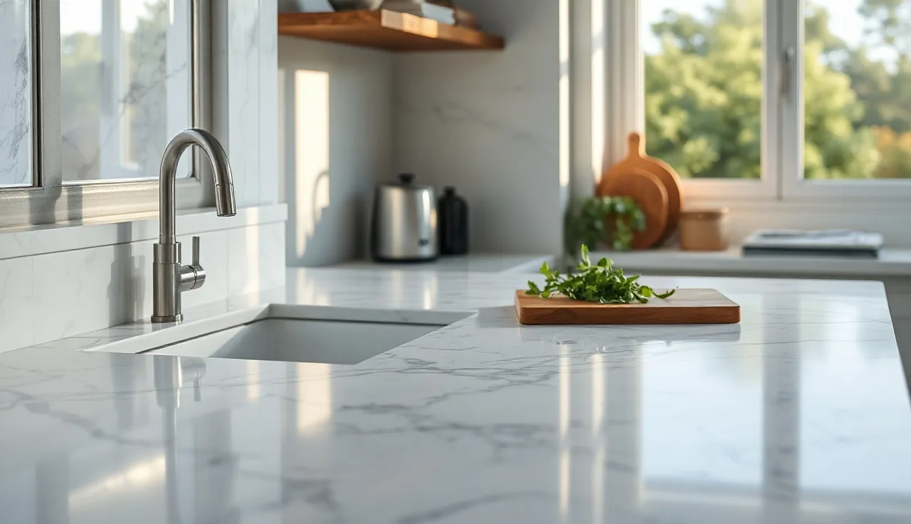 Carrara marble kitchen countertop with grey veining in morning light