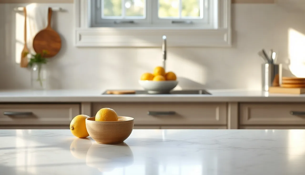 Honed Carrara marble tile countertop with gray veining in a kitchen