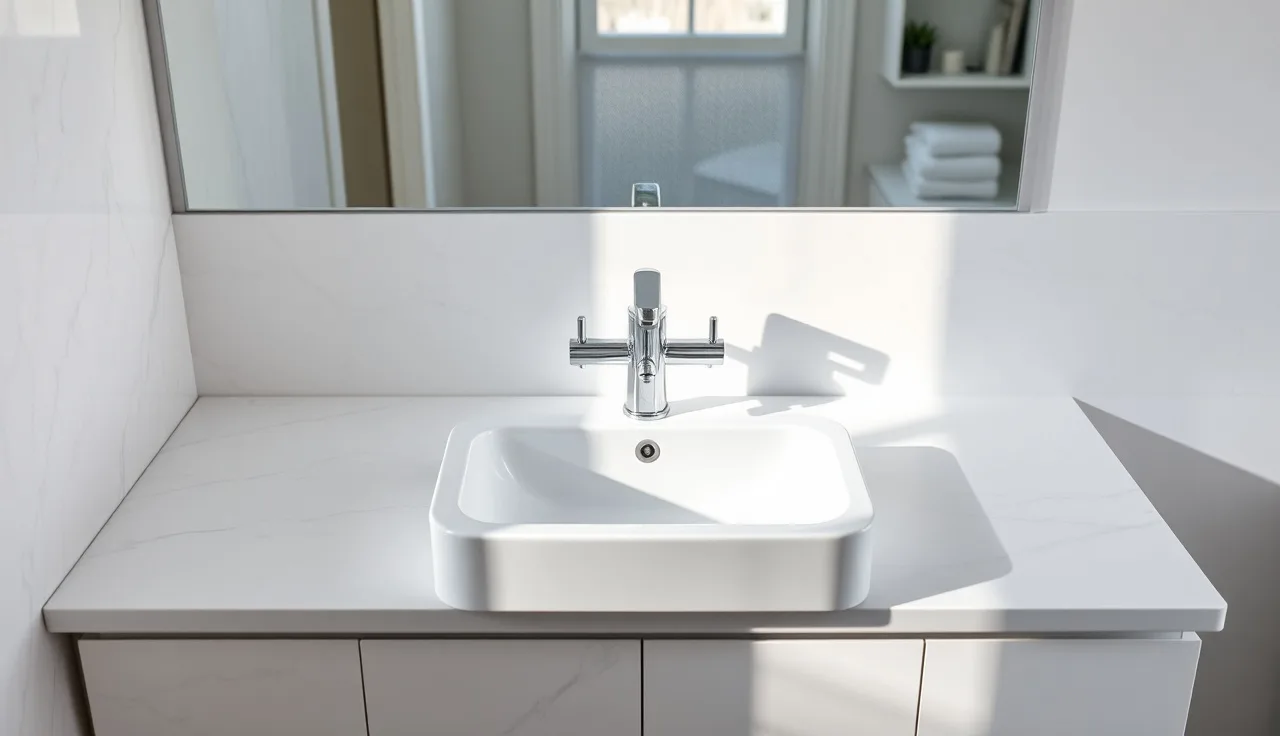 White Carrara marble vanity countertop with chrome faucet and soft morning light