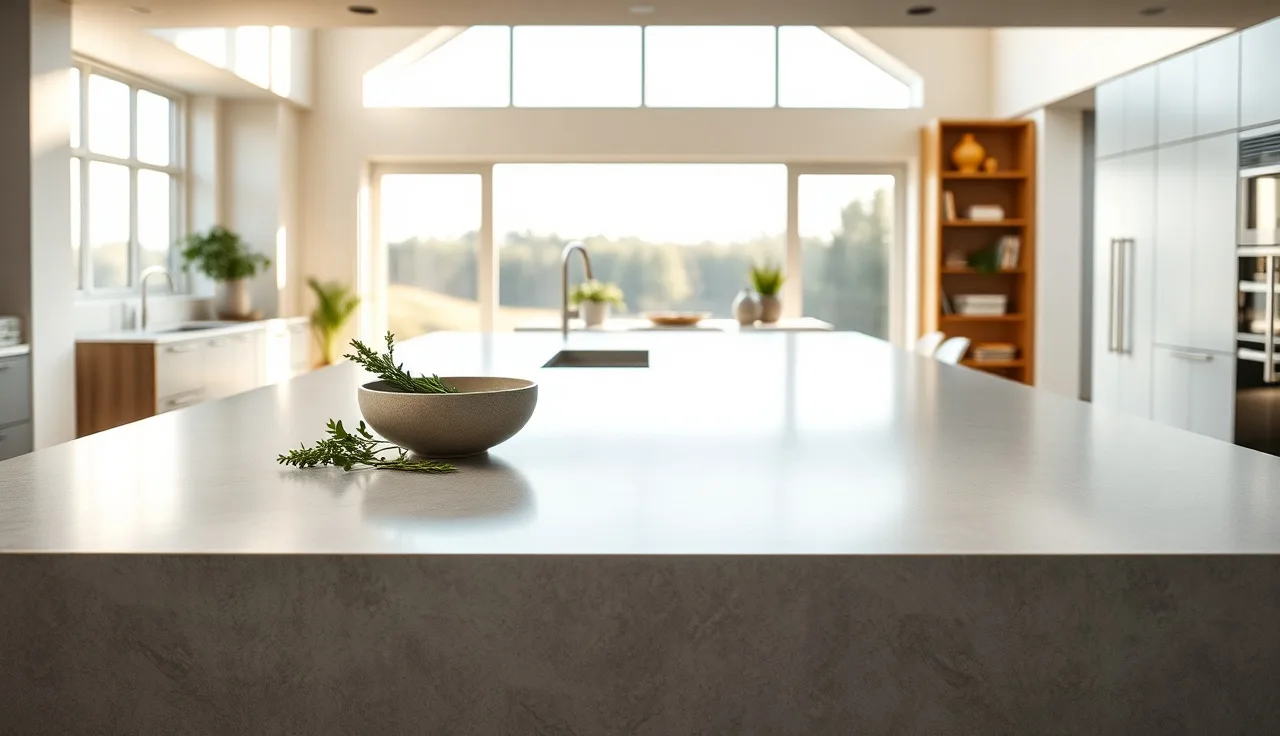 Gray matte quartz countertop on a kitchen island in afternoon light