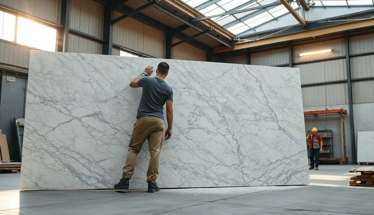 Stone fabricator operating a CNC bridge saw on a marble slab in a workshop