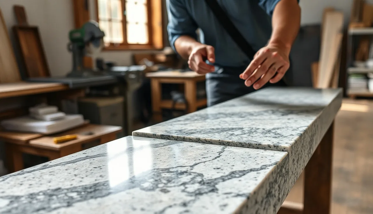 Fabricator dry-fitting a mitered granite waterfall edge on a shop table