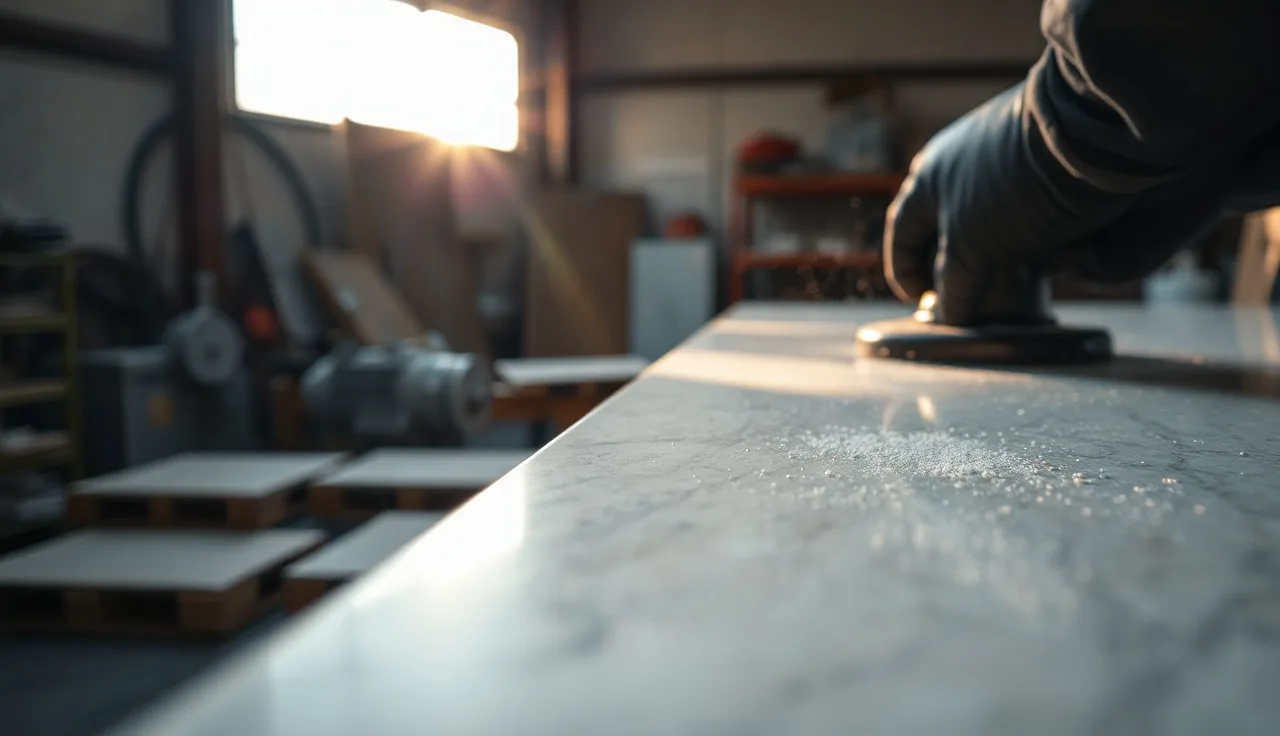 Fabricator hand-polishing a curved stone countertop edge profile in a workshop