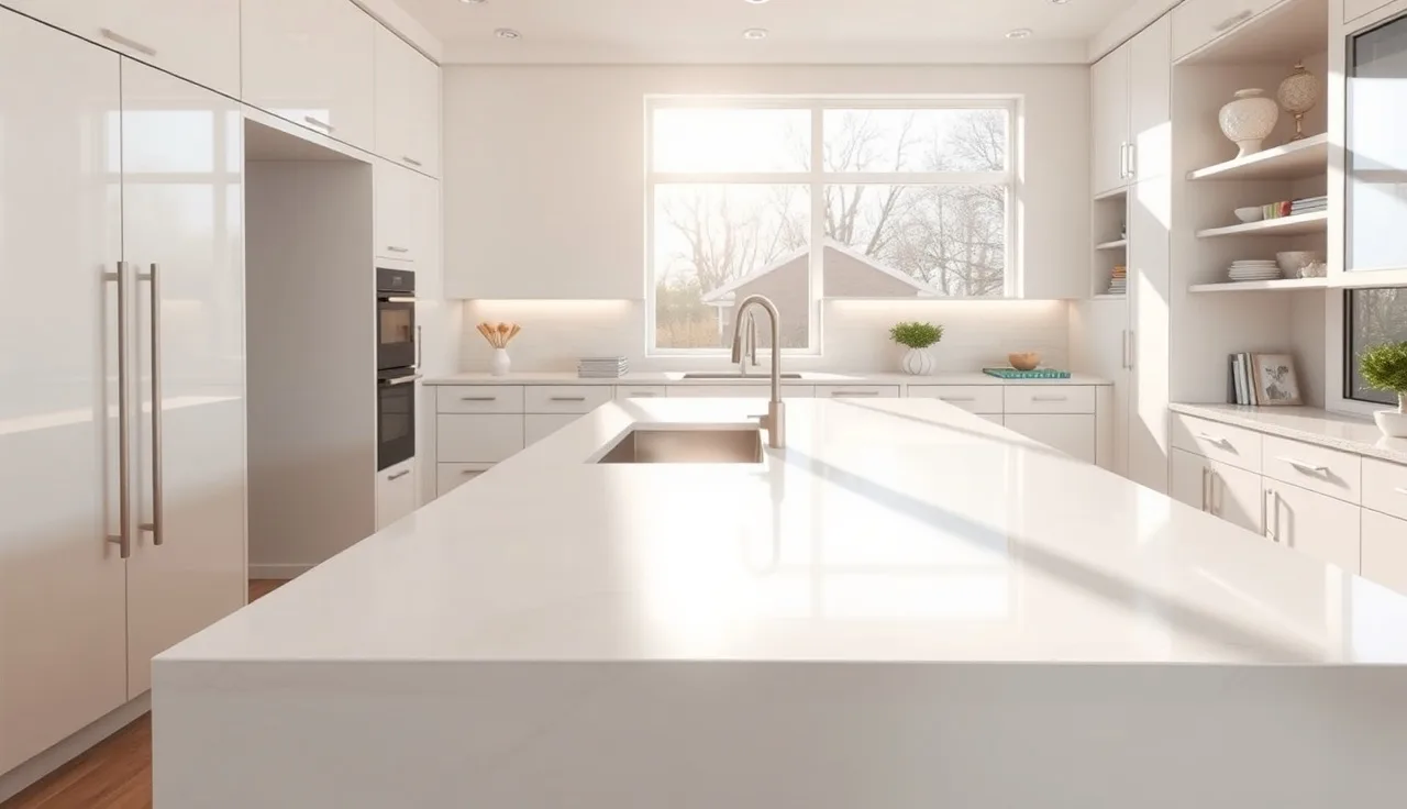 Wide modern kitchen with white quartz island in morning sunlight